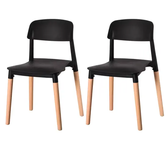 Modern Plastic Dining Chair Open Back with Beech Wood Legs Set of 2 Black {1}