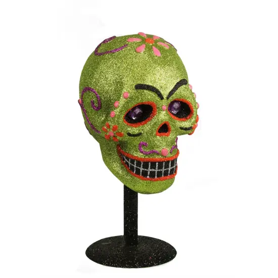 Gallerie II 12" Black and Green Day of the Dead Glitter Drenched Skull Halloween Tabletop Decor {3}