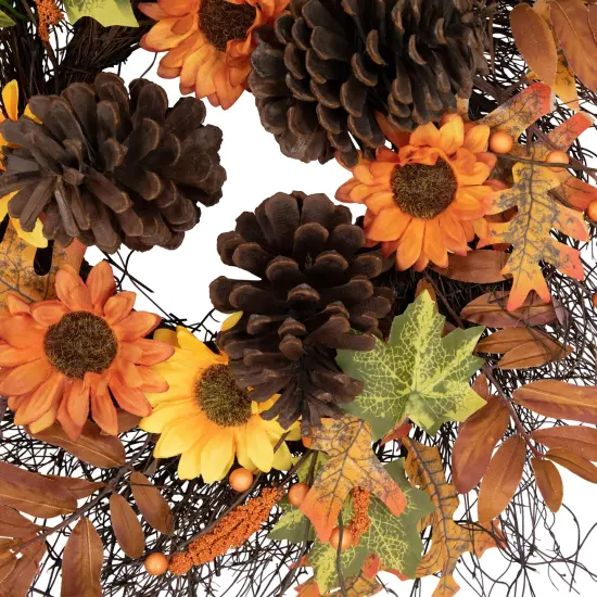 Northlight Sunflowers and Pinecones Artificial Fall Harvest Twig Wreath - 24" Orange {6}