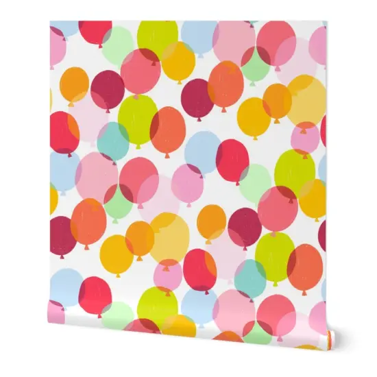 Peel & Stick Wallpaper 2FT Wide Bright Balloons Birthday Party Colorful Happy Orange Red Pink Custom Removable Wallpaper by Spoonflower {7}