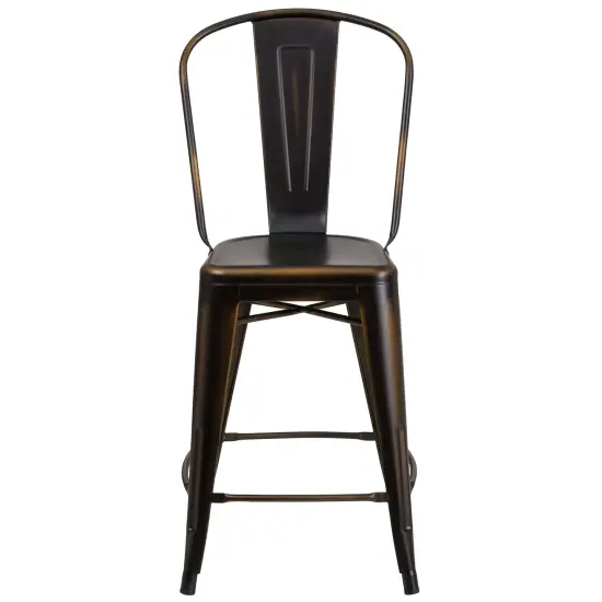 Merrick Lane Sabine Metal Indoor-Outdoor Counter Stool with Vertical Slat Back and Integrated Footrest Copper {3}