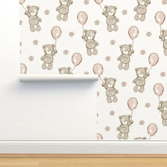 Pre-Pasted Wallpaper 2FT Wide Teddy Bear Pink Balloons Shower Small Scale Custom Pre-pasted Wallpaper by Spoonflower {2}