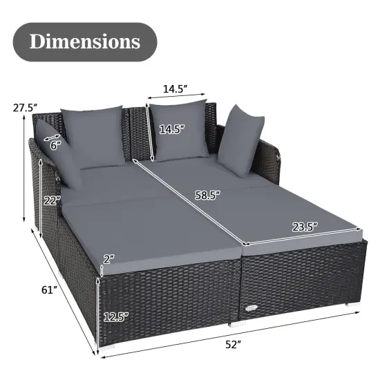 Spacious Outdoor Rattan Daybed With Upholstered Cushions And Pillows Grey {5}