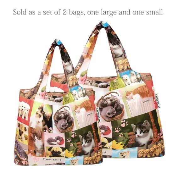 Wrapables Large & Small Foldable Tote Nylon Reusable Grocery Bags, Set of 2 Cats & Dogs {3}
