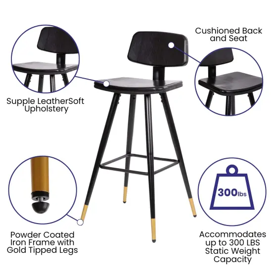 Merrick Lane Aragon Faux Leather Barstools Contemporary Upholstered Stools with Metal Frame and Integrated Footrest - Set of 2 Black {2}