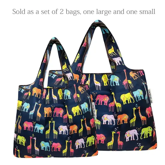Wrapables Large & Small Foldable Tote Nylon Reusable Grocery Bags, Set of 2 Elephants & Giraffes {3}