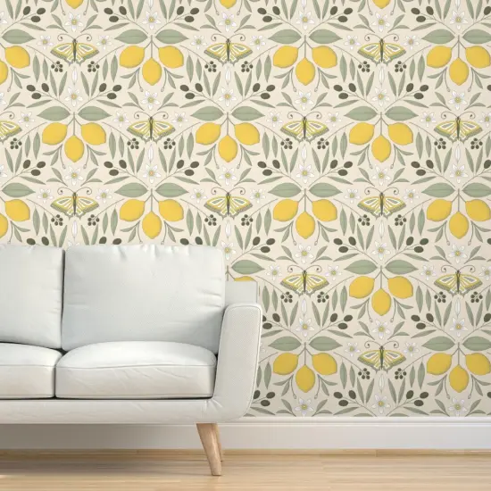 Peel & Stick Wallpaper 2FT Wide Yellow Butterfly Damask Olive Lemon Botanical Italy Pastel Colors Mediterranean Tree Large Scale Citrus Moth Insects Custom Removable Wallpaper by Spoonflower {5}