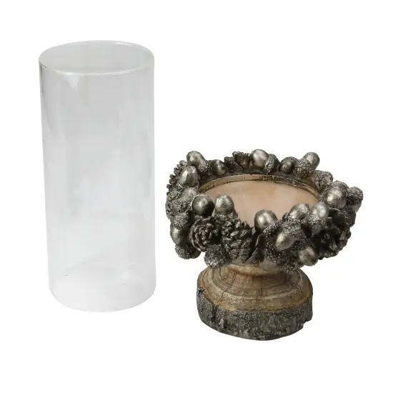 Raz 11" Rustic Acorn and Pinecone Tree Pillar Candle Holder with Glass Case Brown {3}