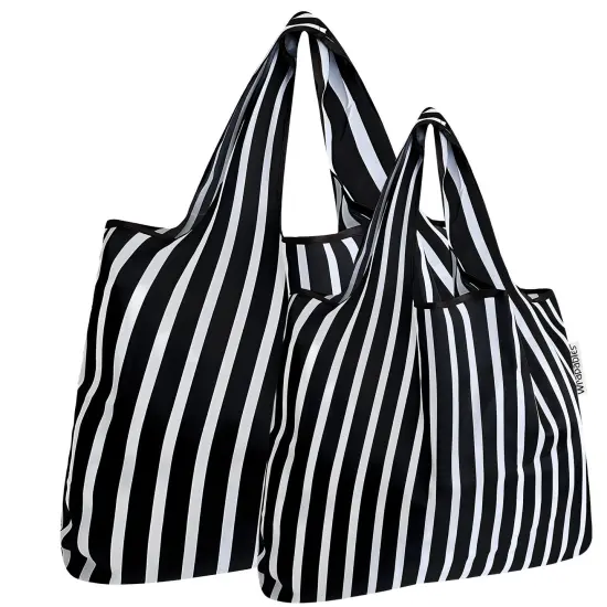 Wrapables Large & Small Foldable Tote Nylon Reusable Grocery Bags, Set of 2 Stripes {1}