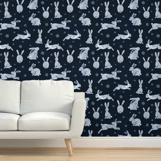 Pre-Pasted Wallpaper 2FT Wide Indigo Rabbits Dark Blue Bunny Snow Hare Winter Animals Custom Pre-pasted Wallpaper by Spoonflower {5}
