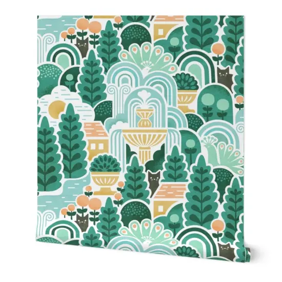 Peel & Stick Wallpaper 2FT Wide Green Landscape Nature Cats Animals Woods Tree Forest Large Scale Italian Fountain Botanical Custom Removable Wallpaper by Spoonflower {7}