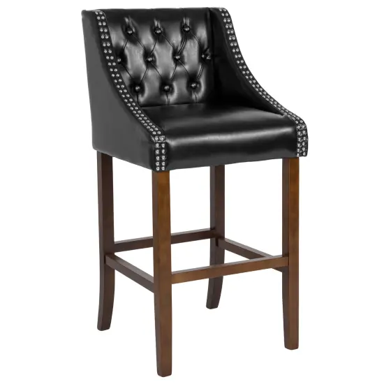 Merrick Lane Hadleigh Upholstered Barstool 30" High Transitional Tufted Barstool with Accent Nail Trim Black LeatherSoft {1}