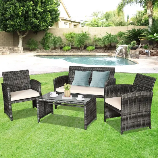 4 Pieces Patio Rattan Furniture Set with Glass Table and Loveseat White {2}
