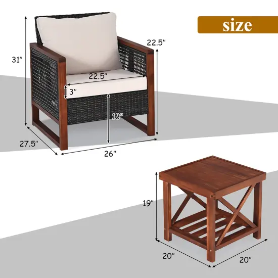 Costway 3PCS Patio Wicker Furniture Set Solid Wood Frame Cushion Sofa w/ Square Table Shelf {4}