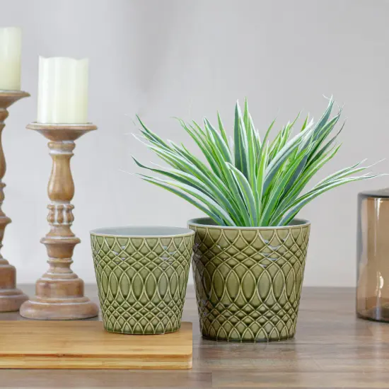 Napa Home & Garden Set of 2 Green Geometric Patterned Planters 6.5" {3}