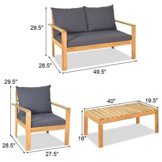 4 Piece Outdoor Acacia Wood Chat Set with Removable Cushions and Table Grey {4}