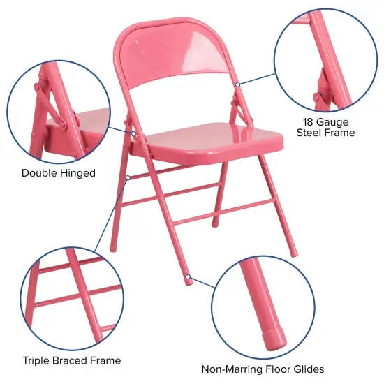 Emma and Oliver 2 Pack Home & Office Colorful Metal Folding Chair Teen and Event Seating Bubblegum Pink {3}