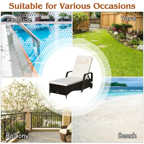 Costway Outdoor Chaise Lounge Chair Recliner Cushioned Patio Furniture Adjustable Wheels Brown {6}