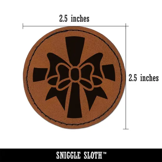 Ribbon on Package Round Iron-On Engraved Faux Leather Patch Applique - 2.5" Brown {3}