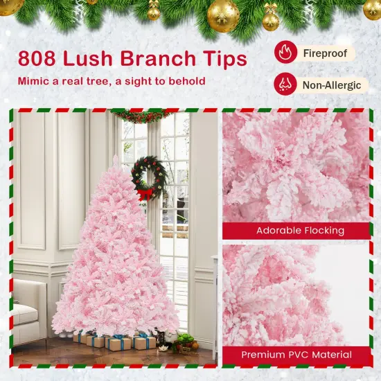 Costway 6 FT Flocked Artificial Christmas Tree Hinged with 350 LED Lights 808 Branch Tips {5}