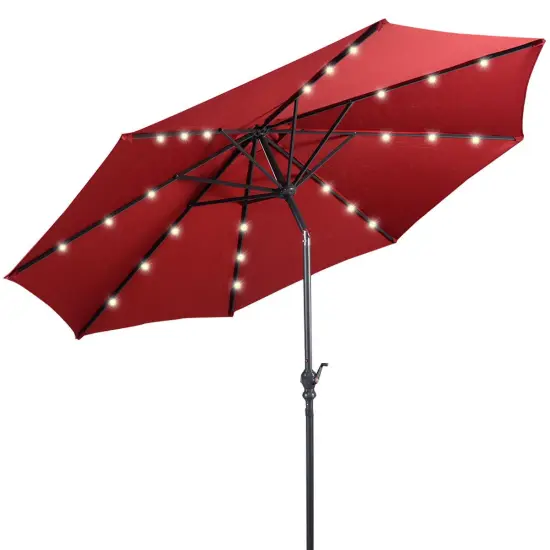 Costway 10ft Patio Solar Umbrella LED Patio Market Steel Tilt W/ Crank (Burgundy) {4}