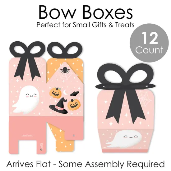 Big Dot of Happiness Pastel Halloween - Square Favor Gift Boxes - Pink Pumpkin Party Bow Boxes - Set of 12 {7}