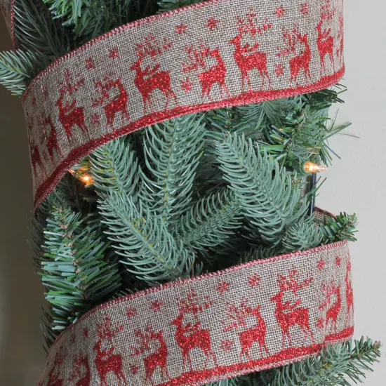 Northlight Red and Beige Reindeer Burlap Wired Christmas Craft Ribbon 2.5" x 10 Yards {4}