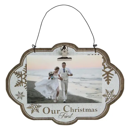 Melrose 9.5" White and Brown "Our First Christmas" Hanging Wooden Picture Sign {1}