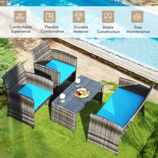 4 Pieces Patio Rattan Furniture Set with Glass Table and Loveseat Turquoise {6}