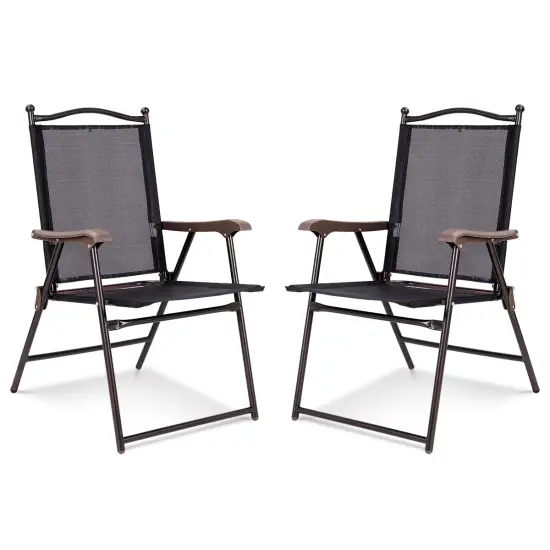 Set of 2 Patio Folding Sling Back Camping Deck Chairs with Steel Tube and Plastic Frame Grey {7}