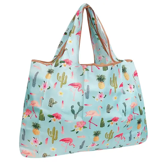 Wrapables Large Foldable Tote Nylon Reusable Grocery Bag Flamingoes & Cacti {1}