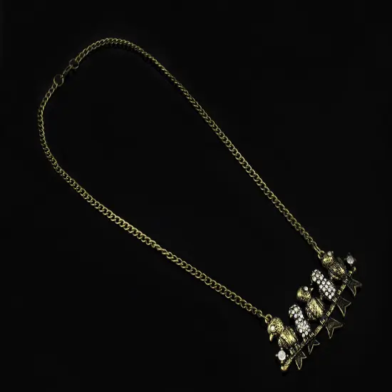Antiqued Brass Finish Rhinestone Accented Birds on a Wire Necklace 20 Inch {4}