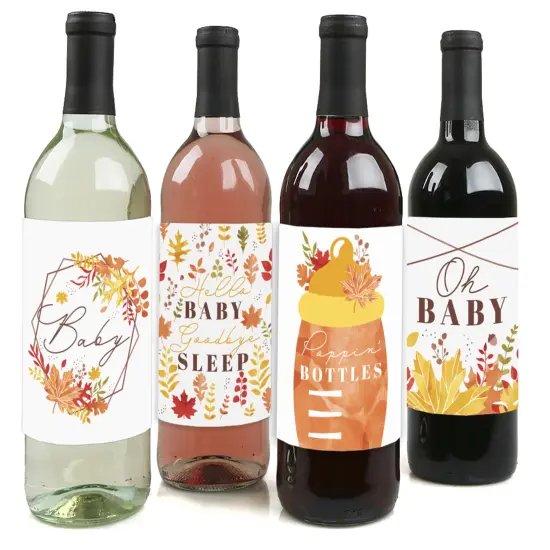 Big Dot of Happiness Fall Foliage Baby - Autumn Leaves Baby Shower Decorations for Women and Men - Wine Bottle Label Stickers - Set of 4 {1}