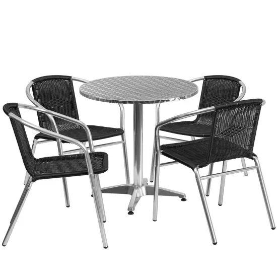 Emma and Oliver 27.5" Round Aluminum Garden Patio Table Set with 4 Rattan Chairs Black {1}