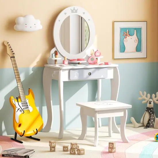 Costway Kids Vanity Set Makeup Table & Chair Sweet Accessories Included Storage Drawer {1}