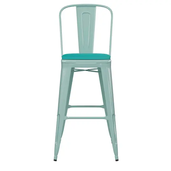 Emma and Oliver Nova Distressed Metal Stools with Backs and Polystyrene Seats for Indoor/Outdoor Use MintGreen/MintGreen {3}