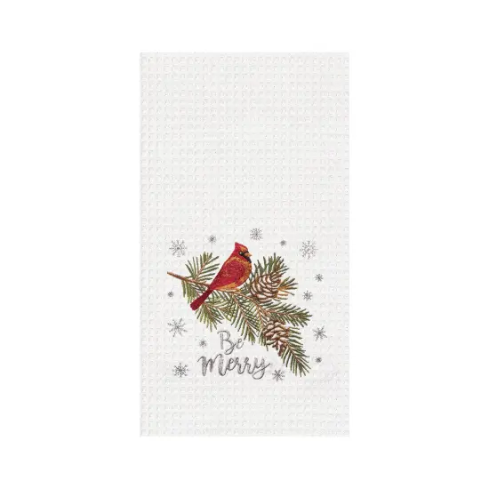 Be Merry Cardinal Embroidered Waffle Weave Kitchen Towel {1}
