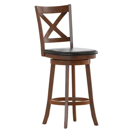 Merrick Lane Sora 30" Classic Wooden Crossback Swivel Bar Height Pub Stool with Upholstered Padded Seat and Integrated Footrest Antique Oak/Black {1}