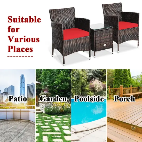 3 Pieces Patio Wicker Rattan Furniture Set with Steel Frame and Polyester Cushions Red {6}