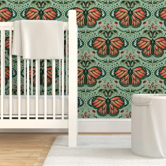 Pre-Pasted Wallpaper 2FT Wide Monarch Damask Aqua Mint Large Scale Botanical Tulip Floral Custom Pre-pasted Wallpaper by Spoonflower {7}