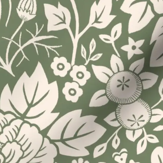 Various Fabrics by the Yard or Fat Quarter Sage Green Floral Hand Drawn Traditional Classic Serene And Cream Block Print Custom Printed Fabric by Spoonflower {7}