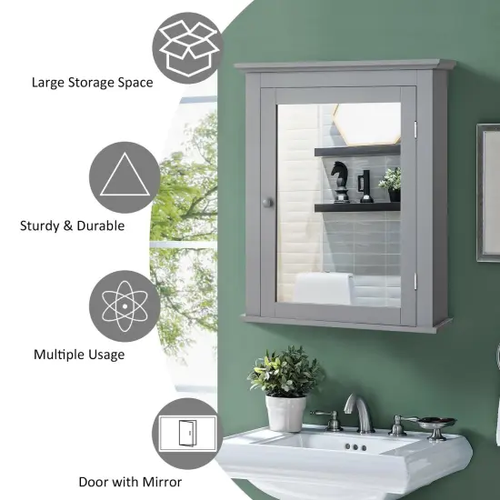 Bathroom Mirror Cabinet Wall Mounted Adjustable Shelf Medicine Storage Grey {5}
