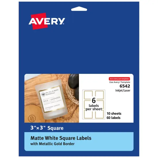 Avery Matte White Labels with Metallic Gold Borders, 3" x 3" Square Labels, 60 Total, Laser/Inkjet Printable Labels (6542) {1}