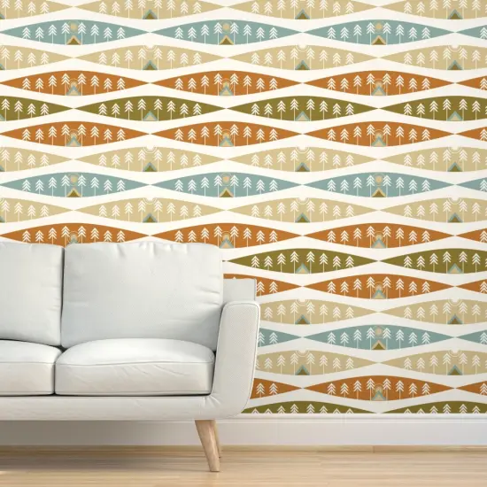 Peel & Stick Wallpaper 2FT Wide Camping Earth Tones Adventure Exploration Great Outdoors Tents Trees Nature Sunrise Sunset Red Beige Cozy Hygge Custom Removable Wallpaper by Spoonflower {5}
