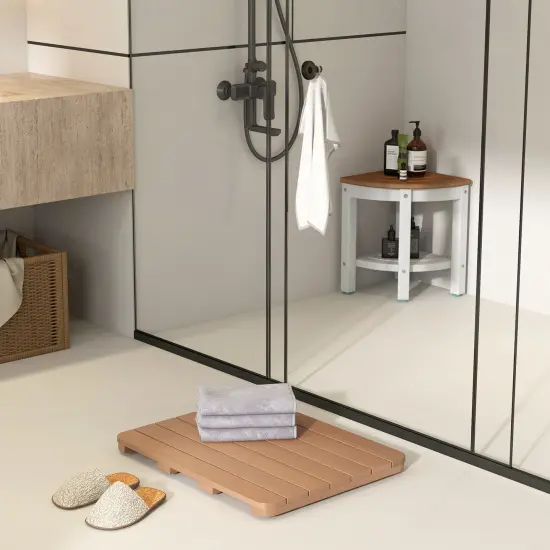 Costway 23.5" x 19" Bath Mat HIPS Spa Shower Mat for Bathroom with Non Slip Foot Pads Brown/White {3}