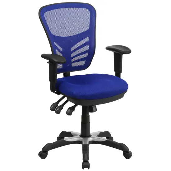 Emma and Oliver Mid-Back Mesh Triple Paddle Swivel Ergonomic Office Chair with Adjustable Arms Blue {1}