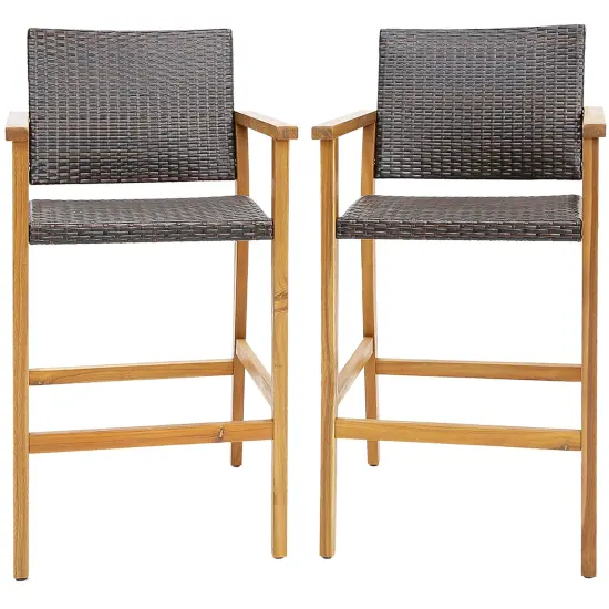 Costway 2PCS/4PCS Patio PE Wicker Bar Chairs Height Barstools with Acacia Wood Armrests Balcony {1}