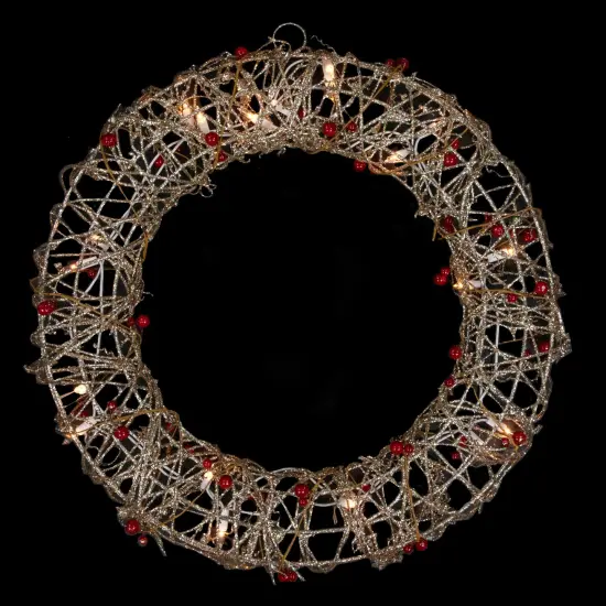 Northlight 18" Pre-Lit Champagne Gold Glittered Rattan Berry Artificial Christmas Wreath - Clear Lights {3}
