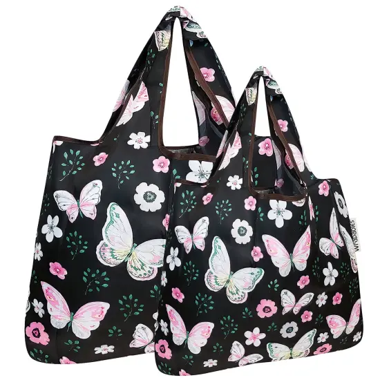 Wrapables Large & Small Foldable Tote Nylon Reusable Grocery Bags, Set of 2 Lavender Bloom {6}