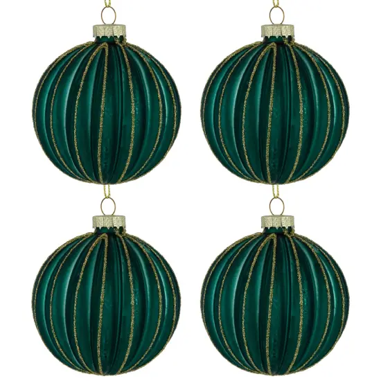 Northlight Glittered Ribbed Glass Christmas Ball Ornaments - 3" (75mm) - Green and Gold - 4ct {6}